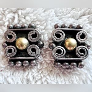 Vintage Deco Modern Sterling Silver 925 Mexico & Brass Clip On Earrings 1”